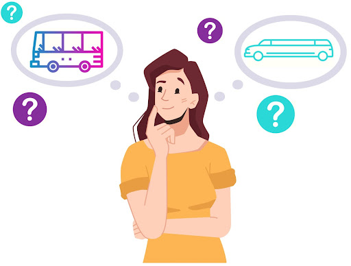 A graphic of a woman with thought bubbles around her head depicting a party bus and limousine.